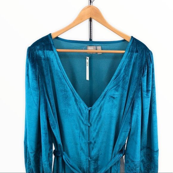 ASOS Teal Velvet Embroidered Belted Maternity Midi Dress NWT - Picture 4 of 14